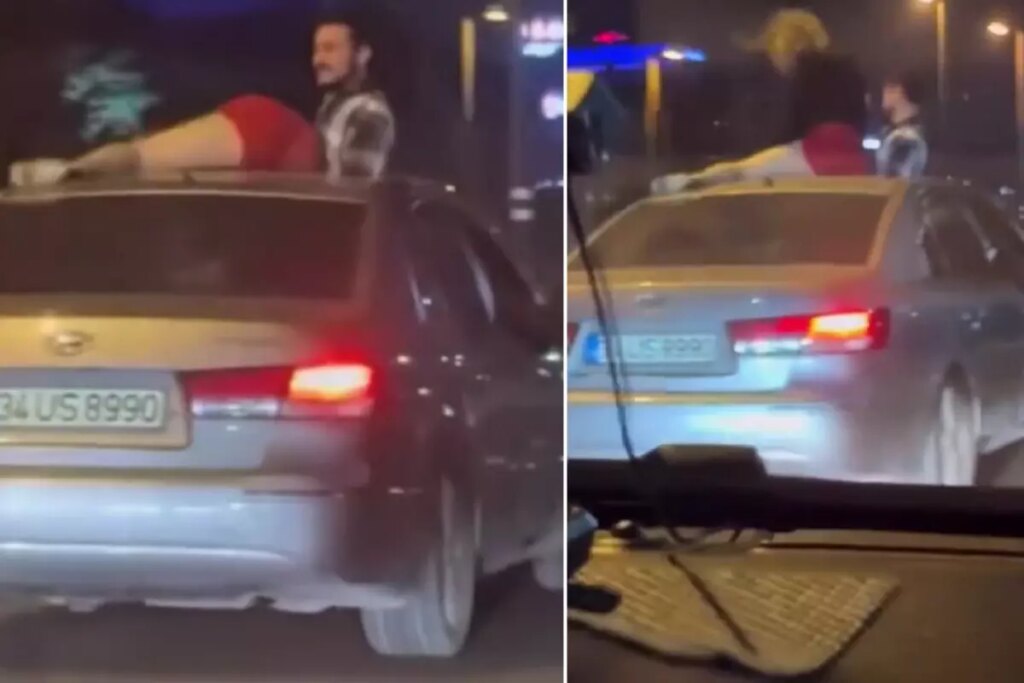Seyir halindeki otomobilin tavanında twerk yapmaya çalıştı