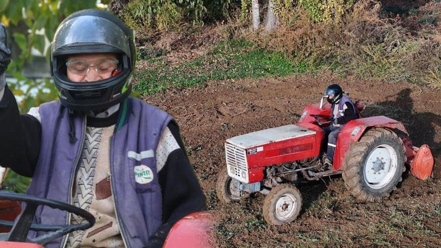 Traktörüne binip kaskını, eldivenini ve gözlüğünü taktı! İşleri artık böyle yapacağız’