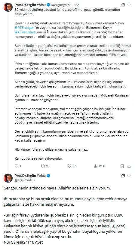 Ali Yerlikaya’nın “bilgi sızdırdığı” iddia edilen danışmanından açıklama var